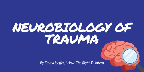 Blue background with a title "Neurobiology of Trauma" and an drawing of a brain with a looking glass
